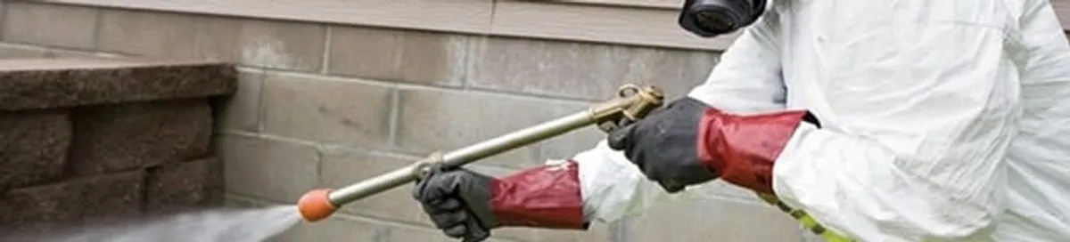 Pest control technician applying exterior insect treatment along a home foundation in Lakewood, CO